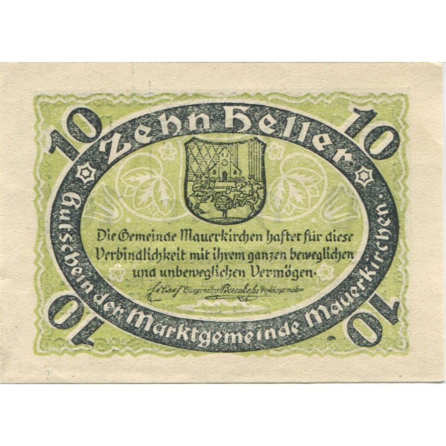 Billete, Austria, Mauerkirchen, 10 Heller, Blason, 1920, SC, Mehl:FS 598I