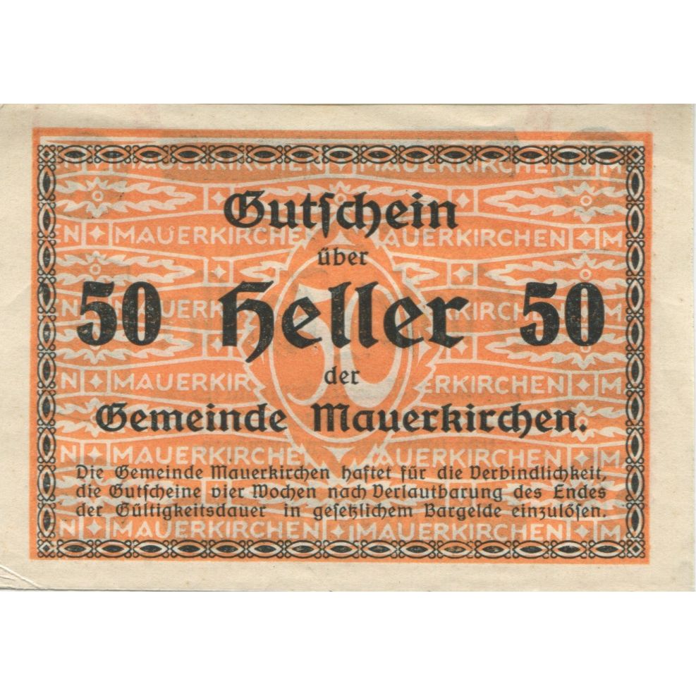 Billete, Austria, Mauerkirchen, 50 Heller, Eglise 1920-12-30, EBC Mehl:FS 598I