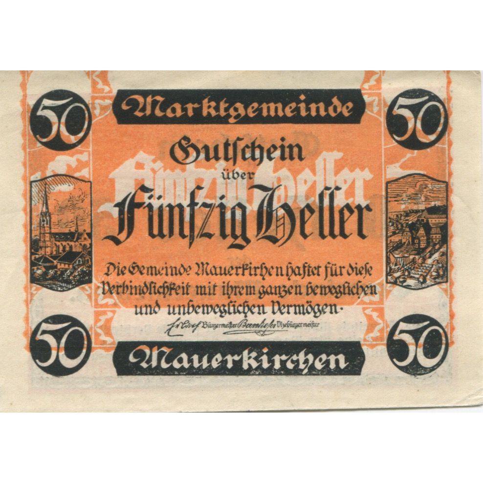 Billete, Austria, Mauerkirchen, 50 Heller, Eglise 1920-12-30, EBC Mehl:FS 598I
