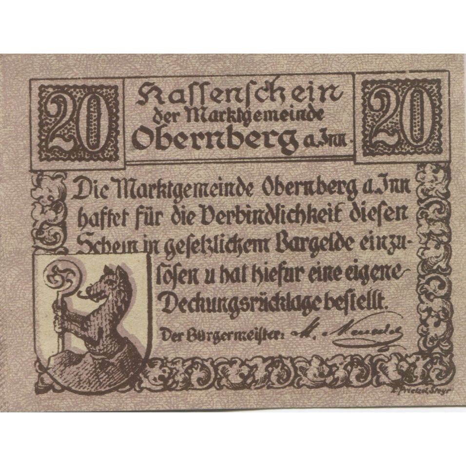 Billete, Austria, Obernberg, 20 Heller, Monument, 1920, SC, Mehl:FS 686Ia