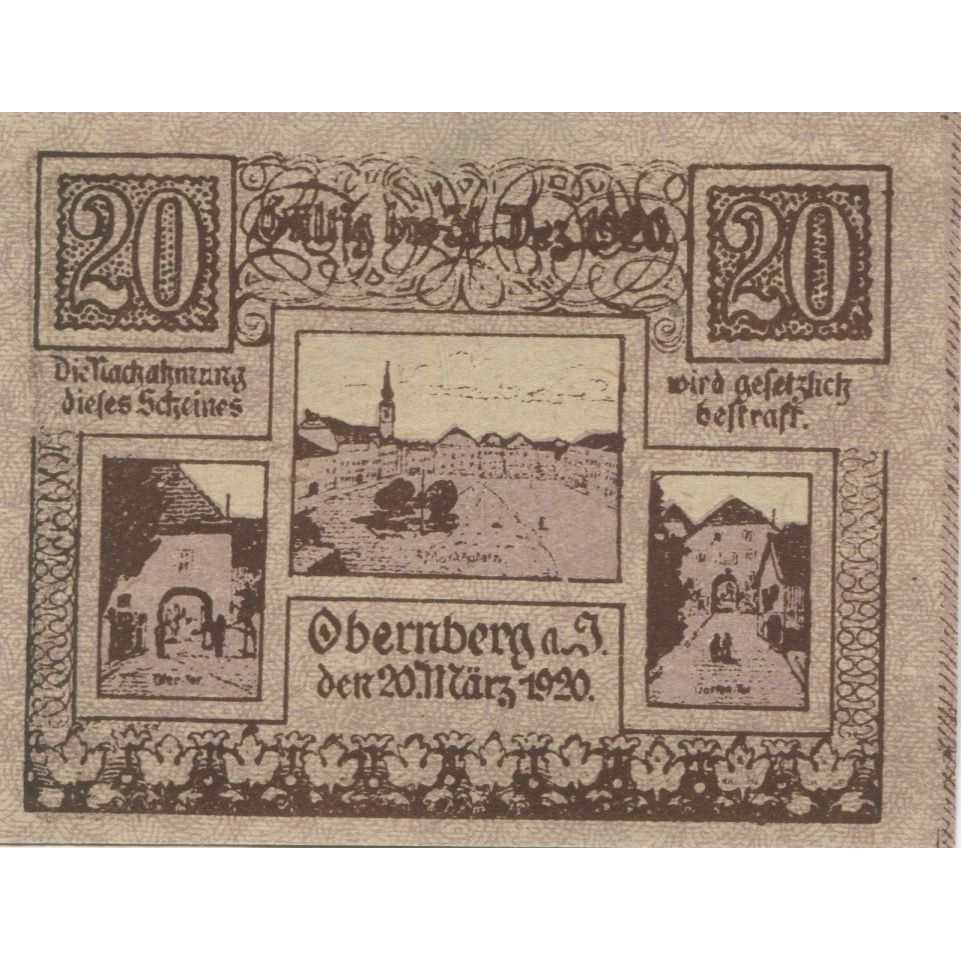 Billete, Austria, Obernberg, 20 Heller, Monument, 1920, SC, Mehl:FS 686Ia