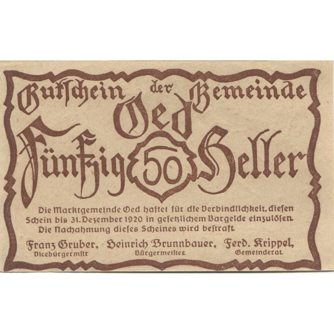Billete, Austria, Oed, 50 Heller, place, 1920, 1920-12-31, SC, Mehl:FS 703a