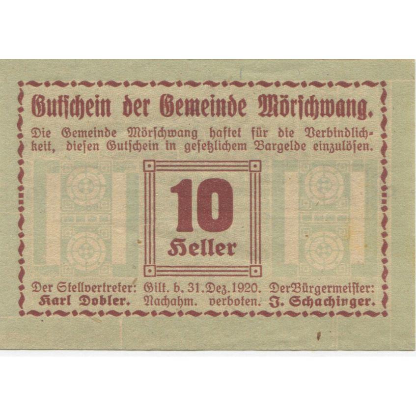 Billete, Austria, Morschwang, 10 Heller, valeur faciale, 1920 SC Mehl:FS 629b