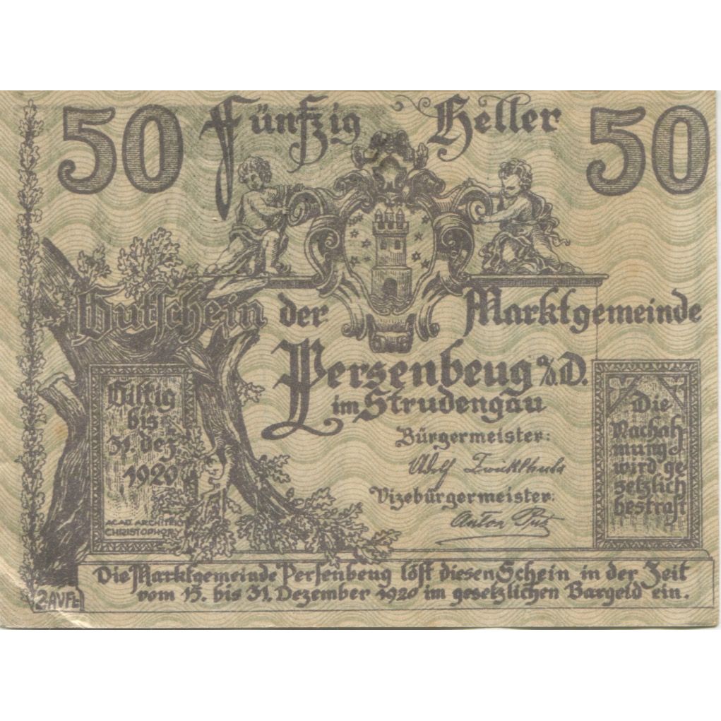 Billete, Austria, Persenbeug, 50 Heller, arbre 1920-12-31, SC Mehl:FS 735IIa