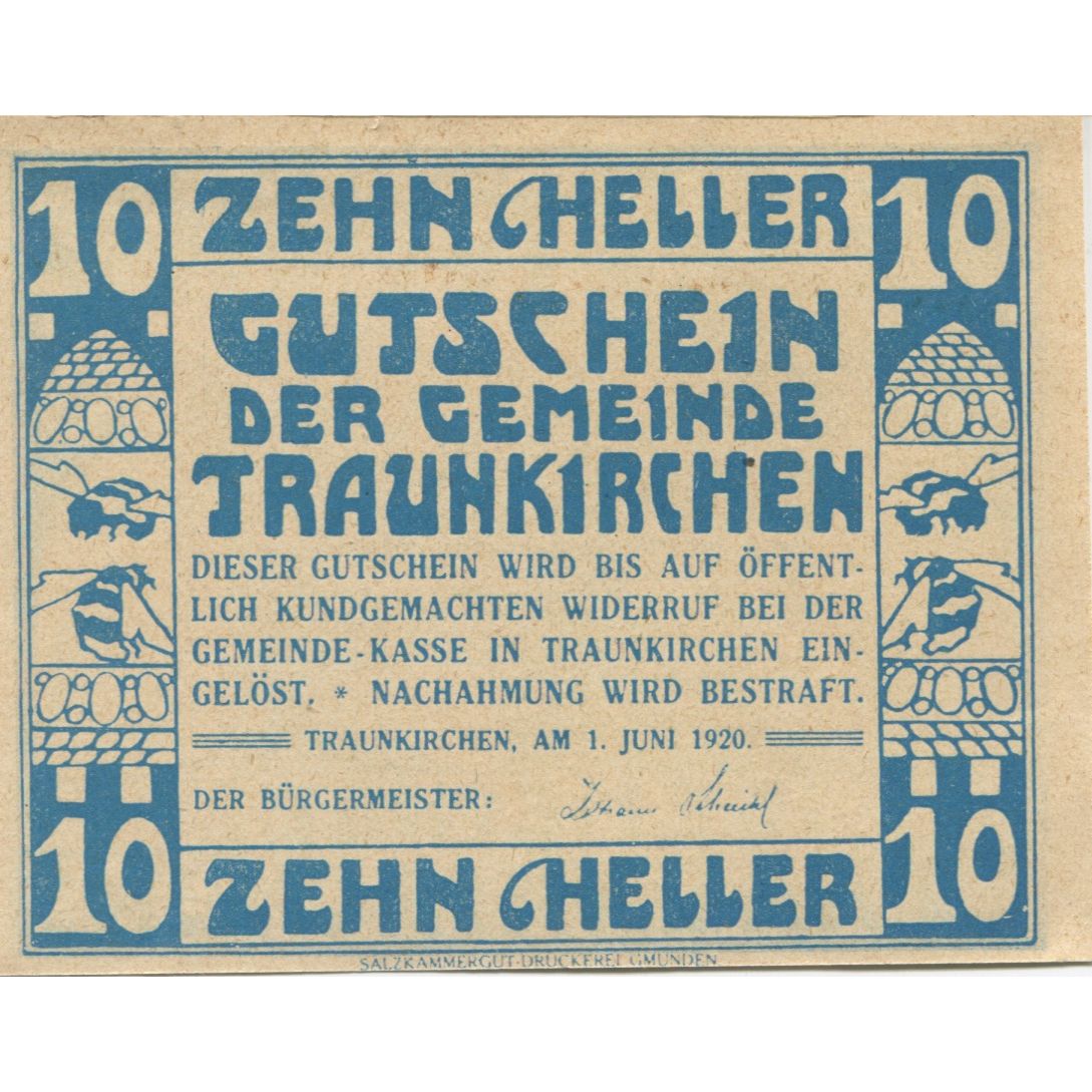 Billete, Austria, Traunkirchen, 10 Heller, mer, 1920, SC, Mehl:FS 1081