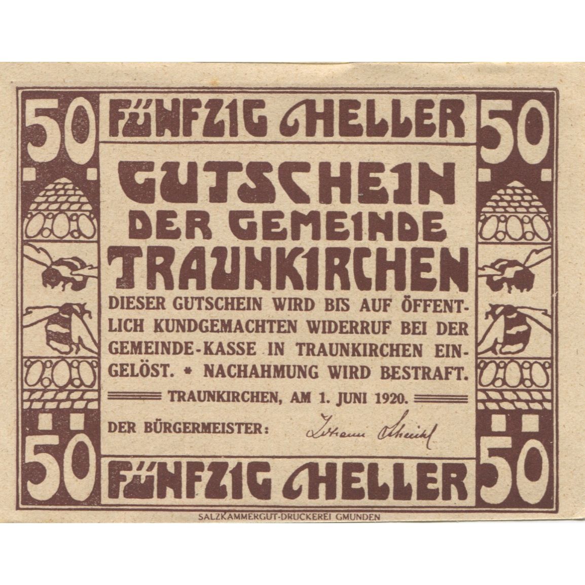 Billete, Austria, Traunkirchen, 50 Heller, bateau, 1920, SC, Mehl:FS 1081