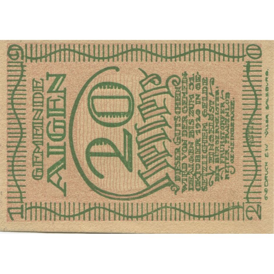 Billete, Austria, Aigen, 20 Heller, paysage, 1920, 1920-12-31, SC, Mehl:FS 13a