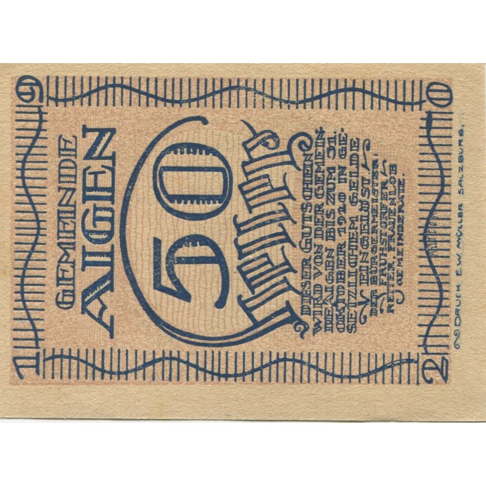 Billete, Austria, Aigen, 50 Heller, champs, 1920, 1920-12-31, SC, Mehl:FS 13a