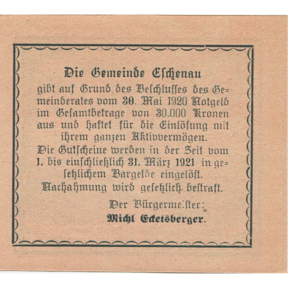 Billete, Austria, Eschenau, 10 Heller, champs, 1921-03-31, SC, Mehl:FS 187a