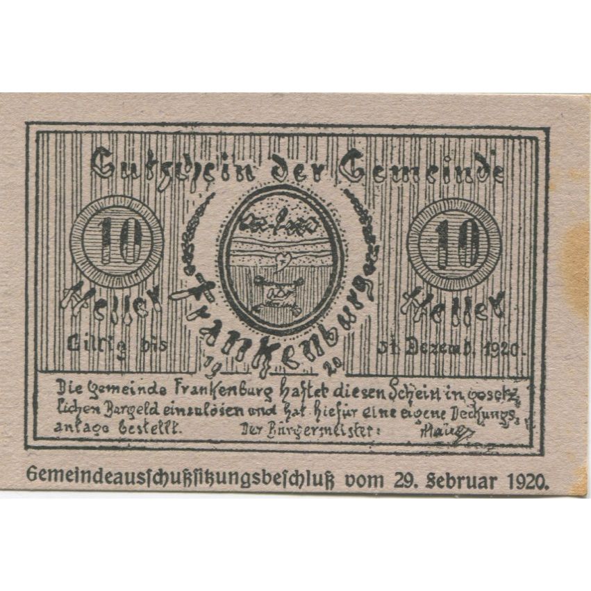 Billete, Austria, Frankenburg, 10 Heller, Blason 1920-12-31, EBC Mehl:FS 206Ic