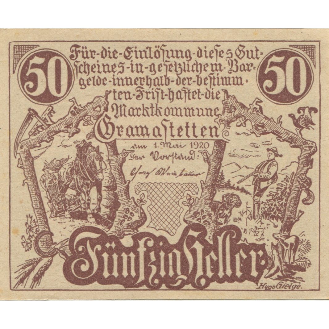 Billete, Austria, Gramastetten, 50 Heller, portrait 1920 SC Mehl:FS 256