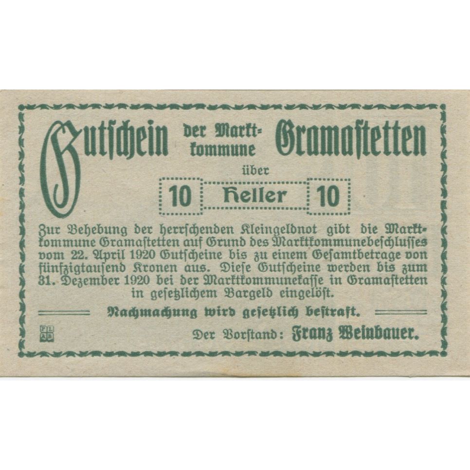 Billete, Austria, Gramastetten, 10 Heller, ruine 1920-05-01, SC, Mehl:FS 256