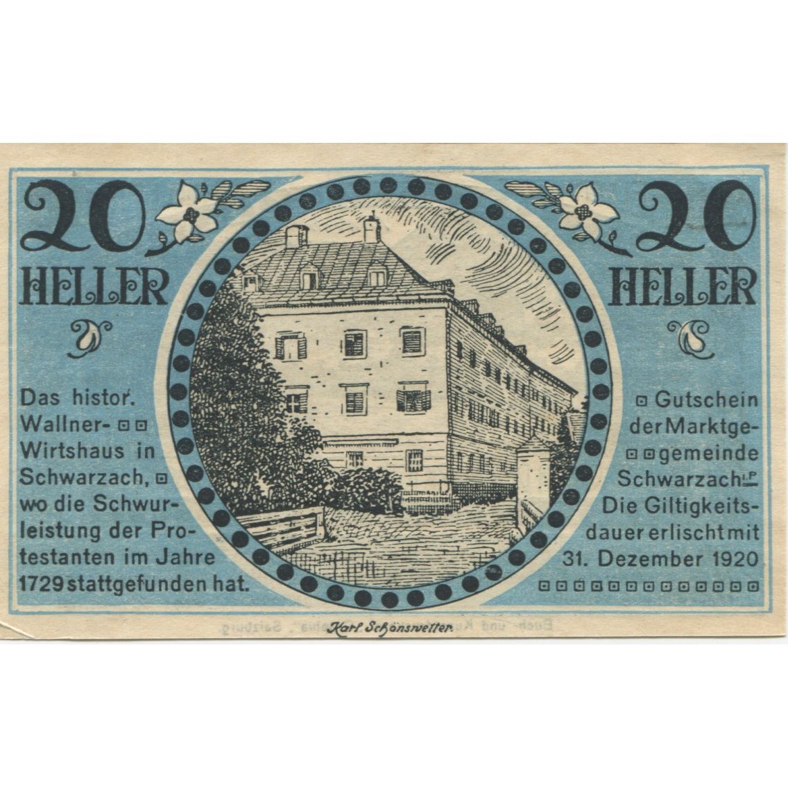 Billete, Austria, Schwarzach, 20 Heller, château 1920-12-31, SC Mehl:FS 978