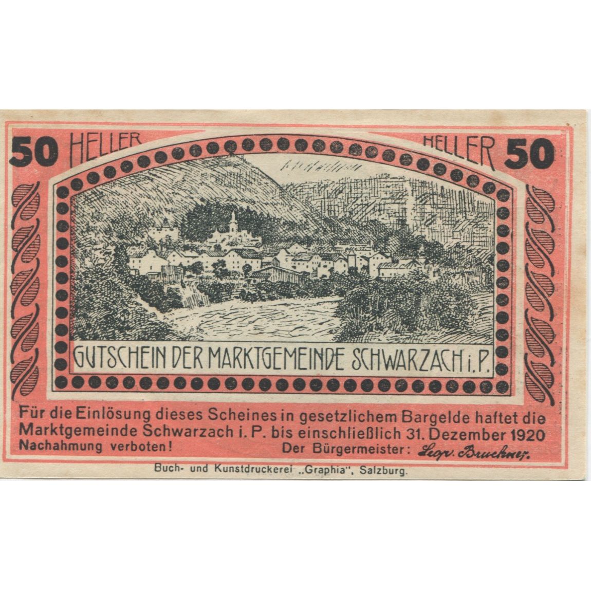 Billete, Austria, Schwarzach, 50 Heller, village 1920-12-31, SC, Mehl:FS 978