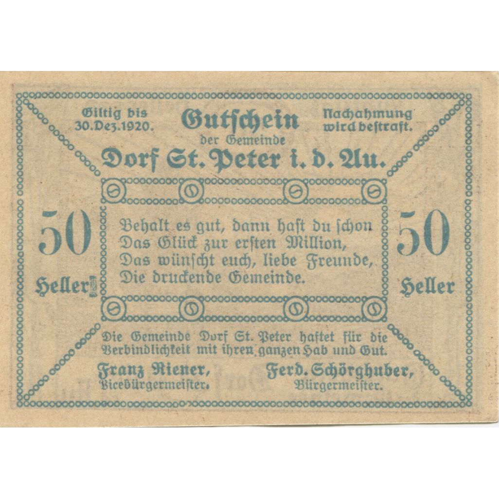 Billete, Austria, St Peter in der Au, 50 Heller, paysage, 1920 SC Mehl:FS 923Ab