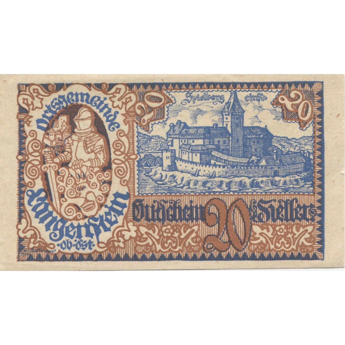 Billete, Austria, Langenstein, 20 Heller, château, 1920, SC, Mehl:FS 502a