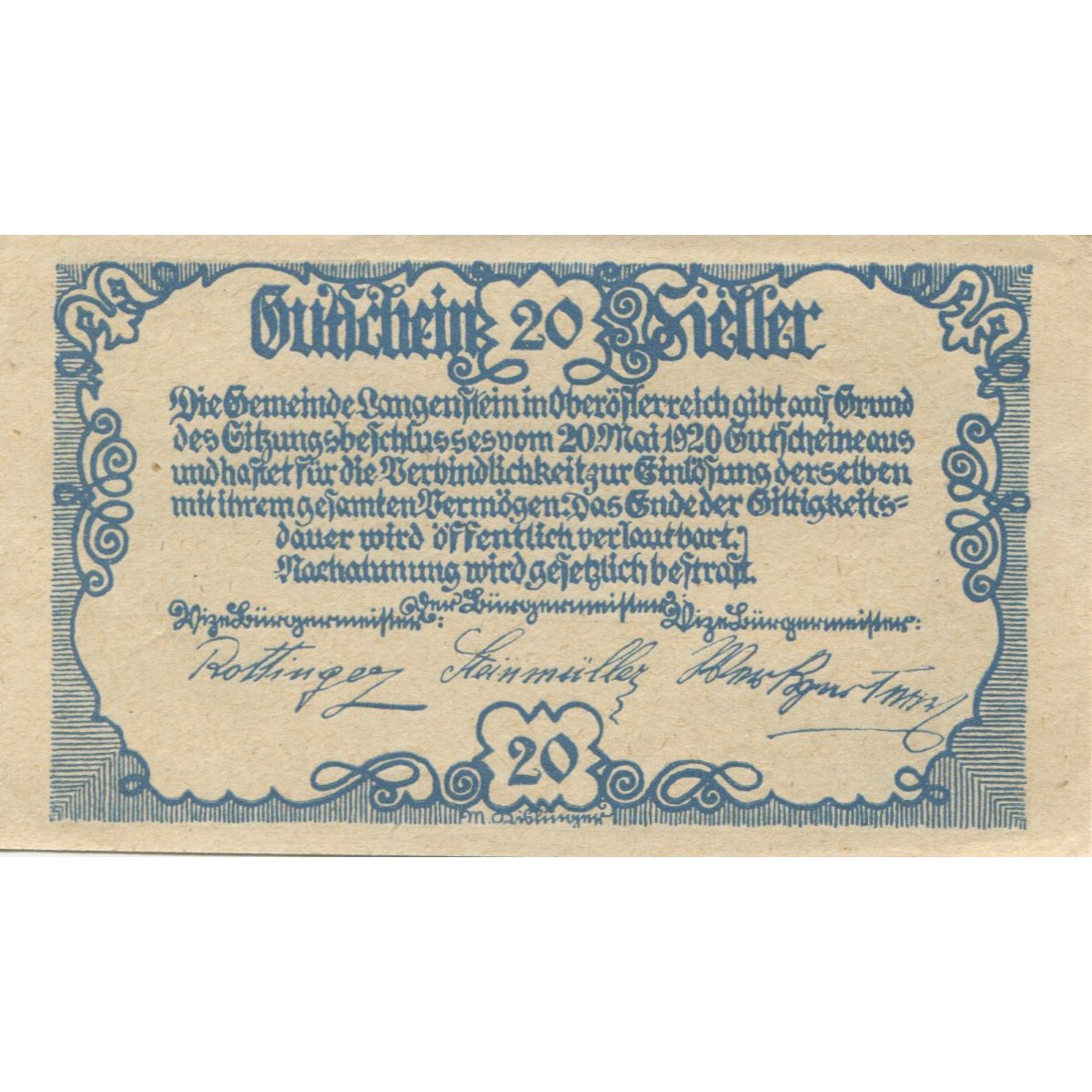 Billete, Austria, Langenstein, 20 Heller, château, 1920, SC, Mehl:FS 502a