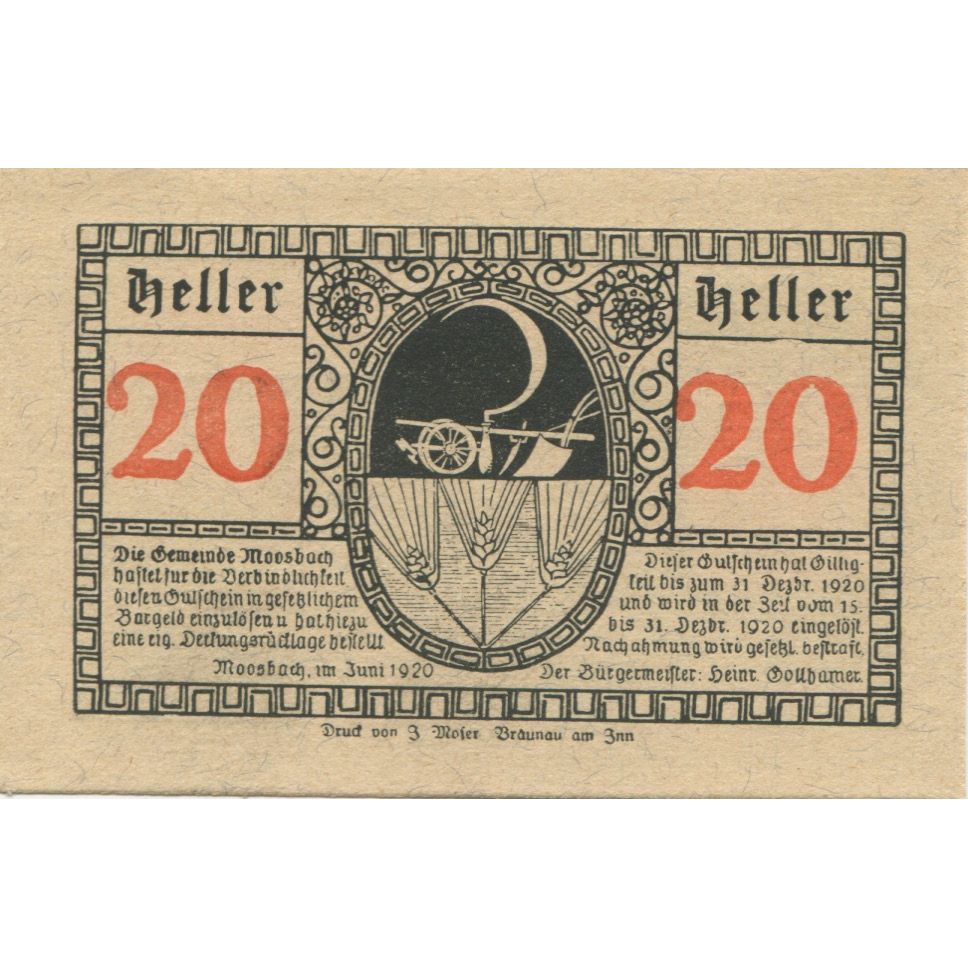 Billete, Austria, Moosbach, 20 Heller, blé, 1920, 1920-12-31, SC, Mehl:FS 628a