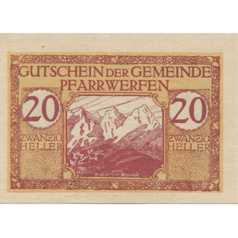 Billete, Austria, Pfarrwerfen, 20 Heller, montagne, 1920 SC Mehl:FS 745b
