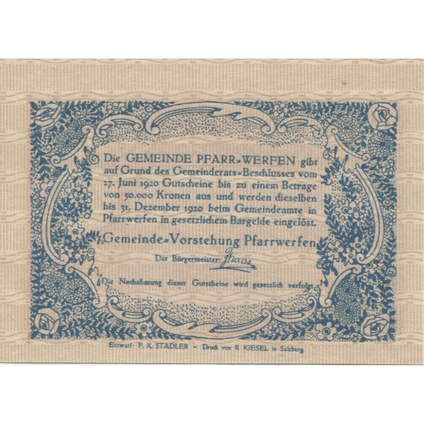 Billete, Austria, Pfarrwerfen, 20 Heller, montagne, 1920 SC Mehl:FS 745b