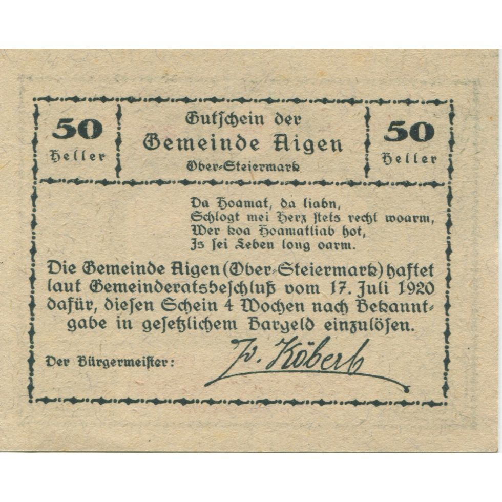 Billete, Austria, Aigen, 50 Heller, montagne, 1920, 1920-07-17, SC, Mehl:FS 14a