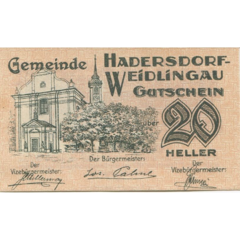 Billete, Austria, Weidlingau, 20 Heller, Eglise 1920-10-15, SC, Mehl:FS 326