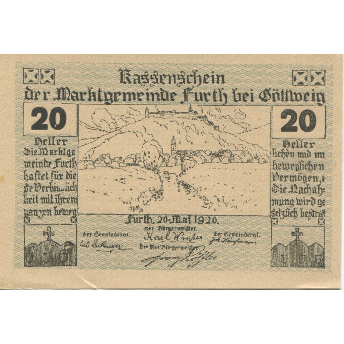 Billete, Austria, Furth, 20 Heller, paysage, 1920, 1920-09-30, SC, Mehl:FS 214b