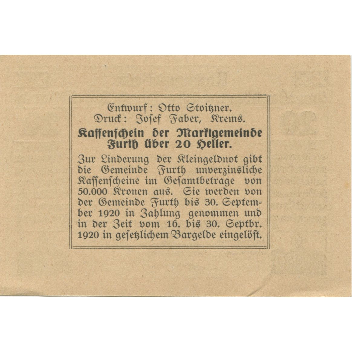 Billete, Austria, Furth, 20 Heller, paysage, 1920, 1920-09-30, SC, Mehl:FS 214b