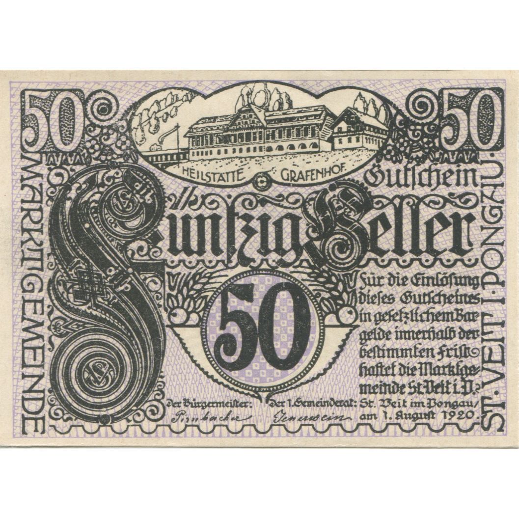 Billete, Austria, St Veit, 50 Heller, château 1920-12-31, SC, Mehl:FS 945a