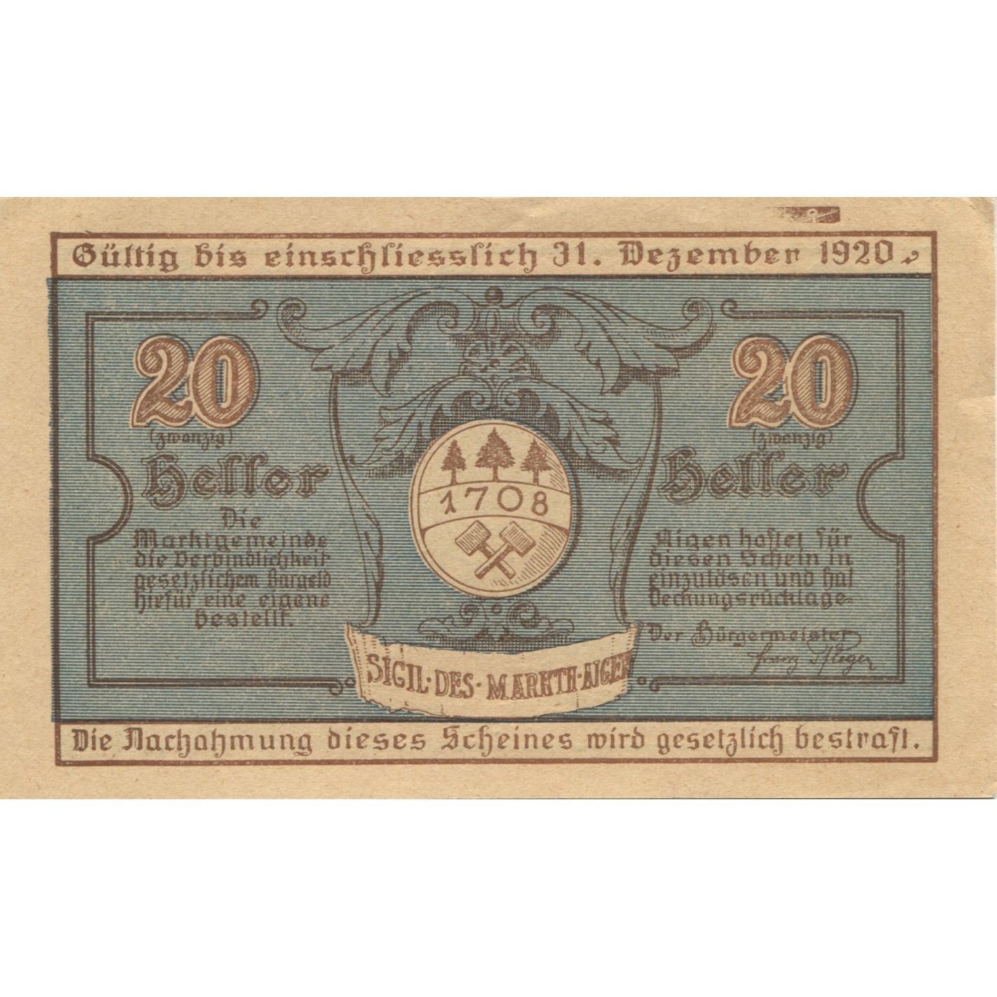 Billete, Austria, Aigen, 20 Heller, Blason, 1920, 1920-12-31, SC, Mehl:FS 12I