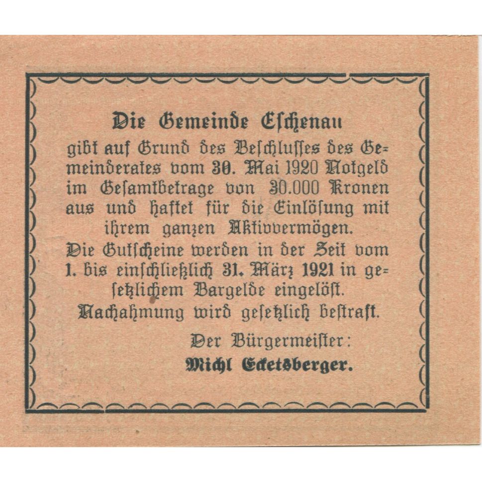 Billete, Austria, Eschenau, 10 Heller, champs 1920-09-30, SC, Mehl:FS 188b