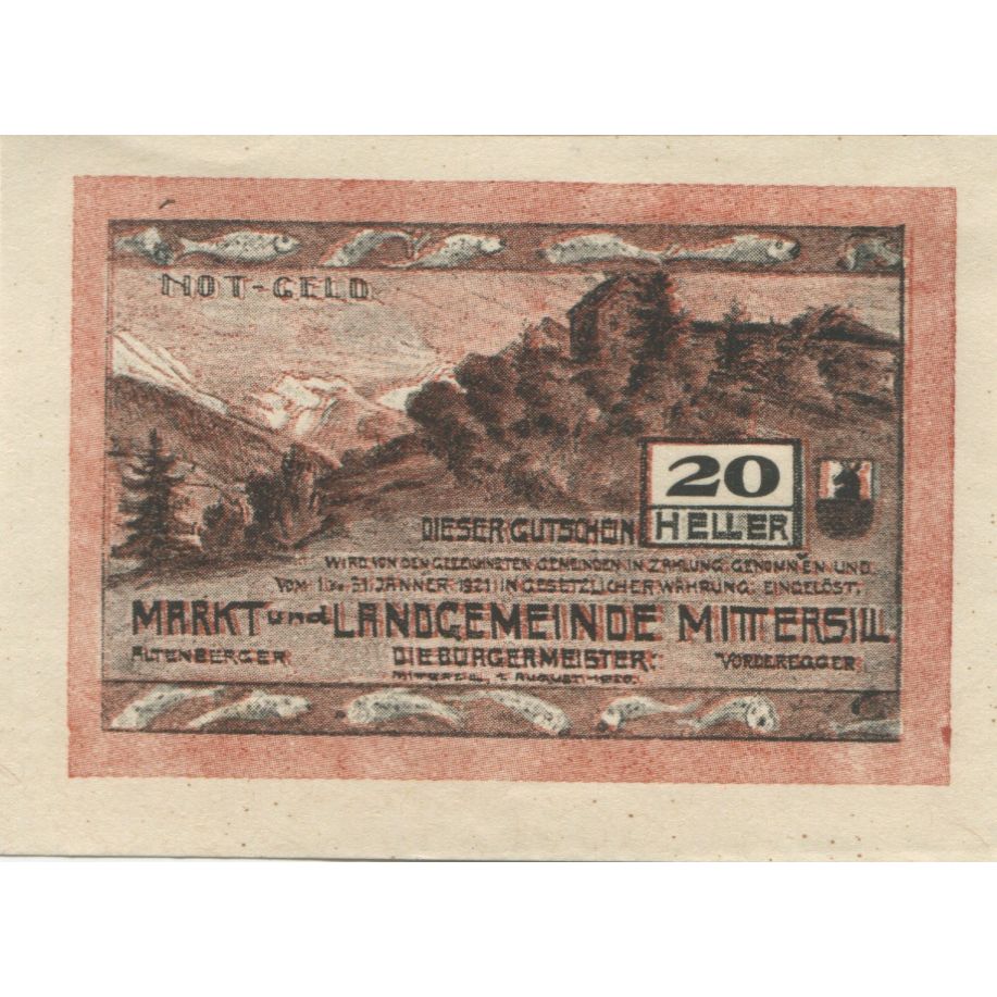 Billete, Austria, Mittersill, 20 Heller, château 1920-01-31, SC, Mehl:FS 622a