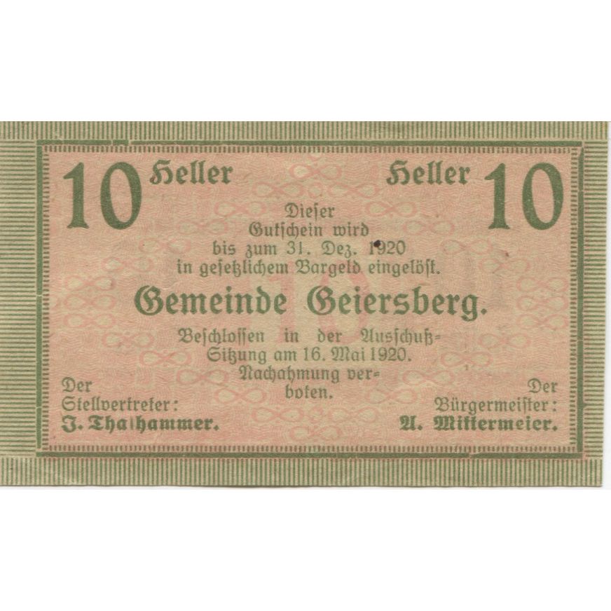 Billete, Austria, Geiersberg, 10 Heller, valeur faciale, 1920 SC Mehl:FS 227a