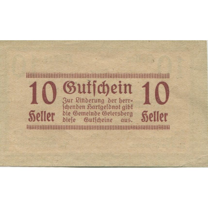 Billete, Austria, Geiersberg, 10 Heller, valeur faciale, 1920 SC Mehl:FS 227a