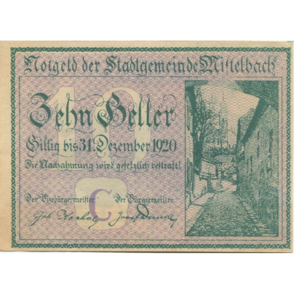 Billete, Austria, Mistelbach, 10 Heller, ruelle 1920-12-31, SC, Mehl:FS 614c