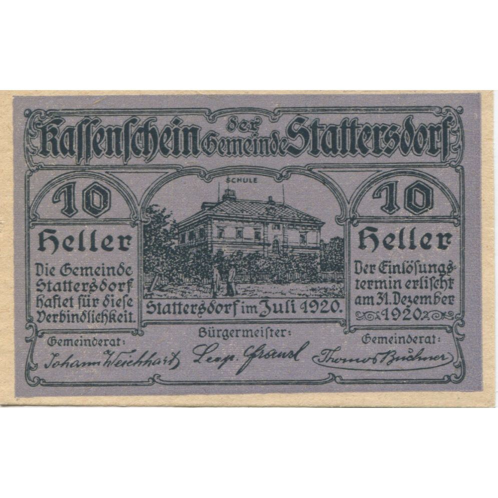 Billete, Austria, Stattersdorf, 10 Heller, école 1920-12-31, SC, Mehl:FS 927