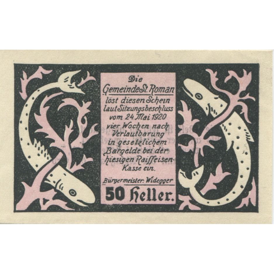 Billete, Austria, St Roman, 50 Heller, poisson, 1920, SC, Mehl:FS 935a