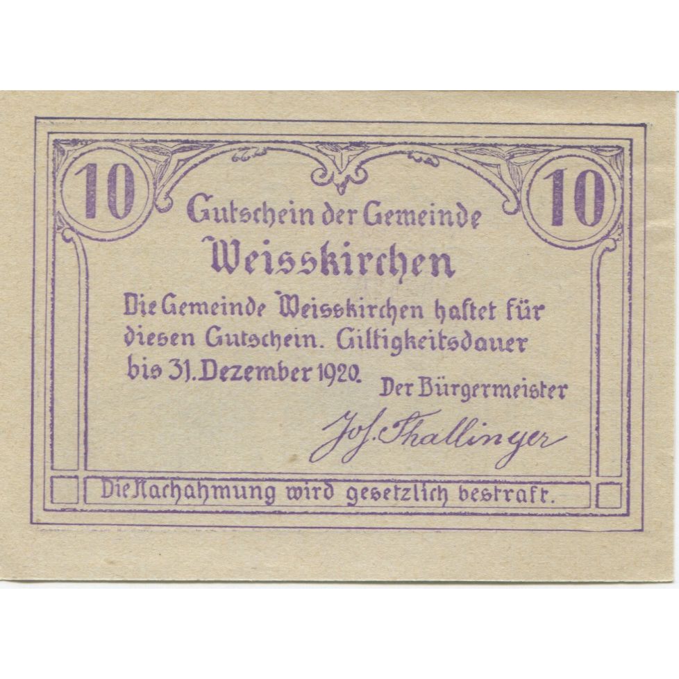 Billete, Austria, Weisskirchen, 10 Heller, valeur faciale 1920, SC Mehl:FS 1160