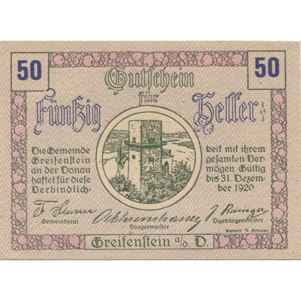 Billete, Austria, Greifenstein, 50 Heller, château, 1920 SC Mehl:FS 275d