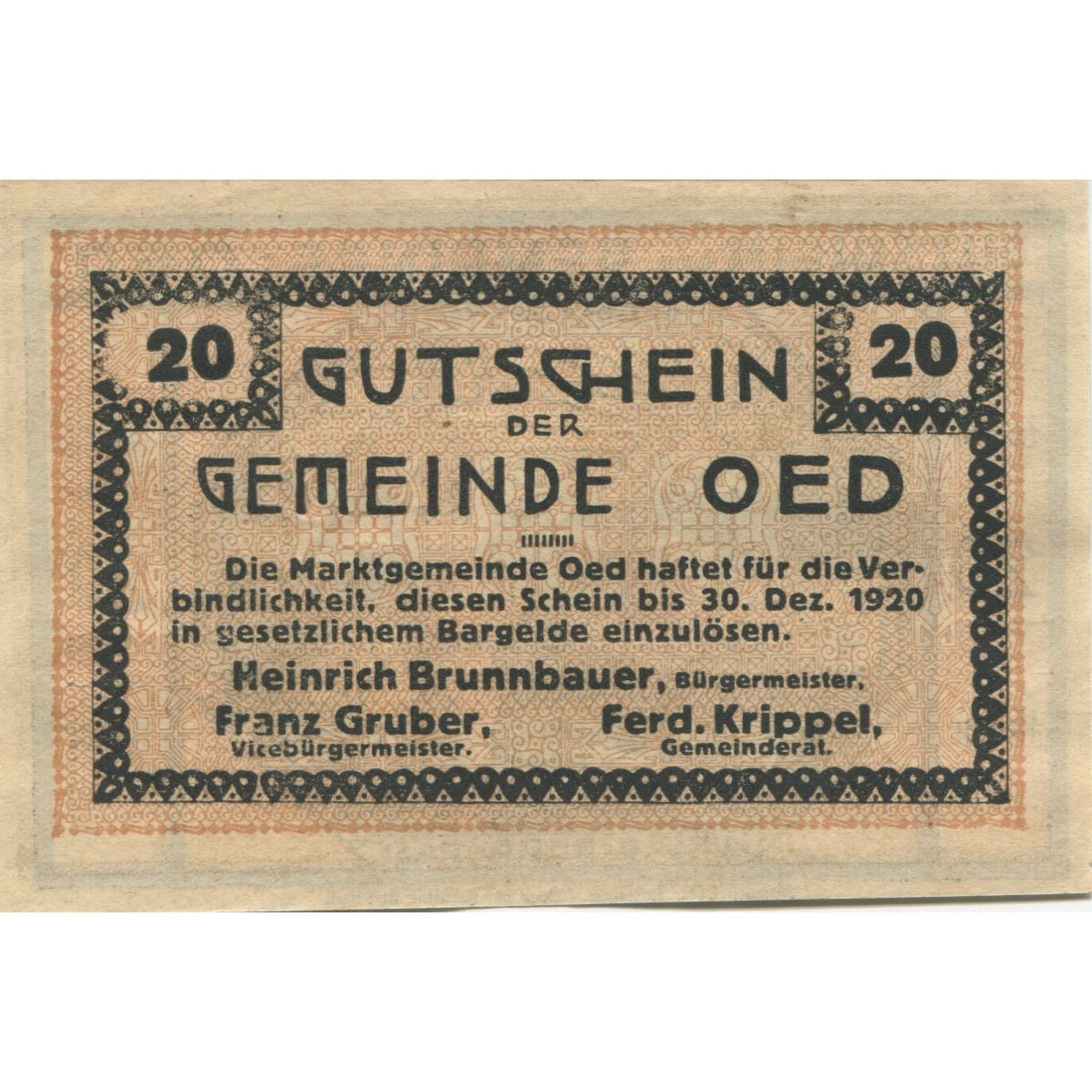 Billete, Austria, Oed, 20 Heller, champs, 1920, 1920-12-31, SC, Mehl:FS 703a