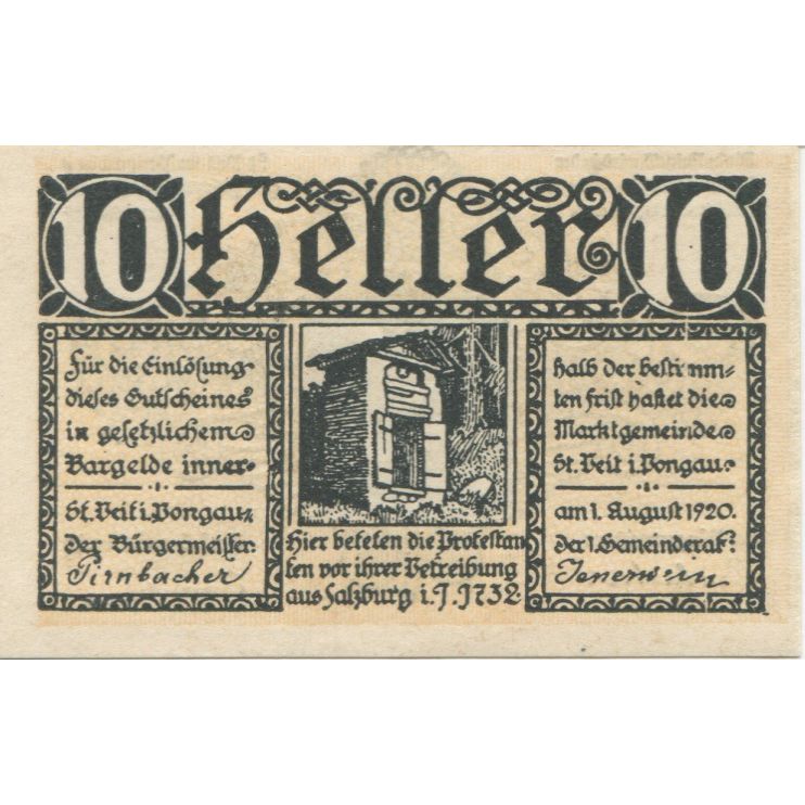 Billete, Austria, St Veit, 10 Heller, Monument 1920-12-31, SC, Mehl:FS 945a
