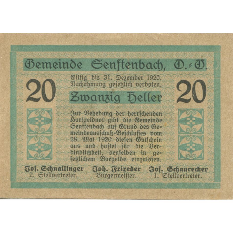 Billete, Austria, Senftenbach, 20 Heller, valeur faciale, 1920 SC Mehl:FS 992b