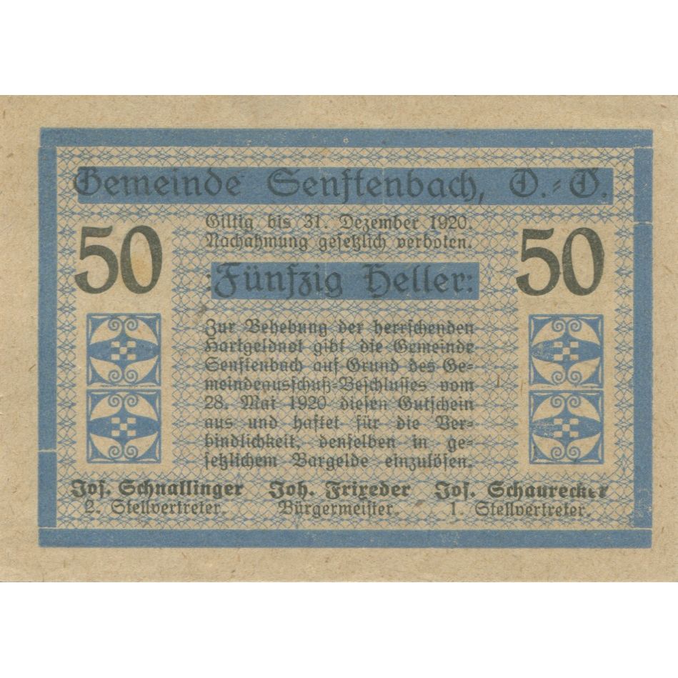Billete, Austria, Senftenbach, 50 Heller, valeur faciale, 1920 SC Mehl:FS 992b