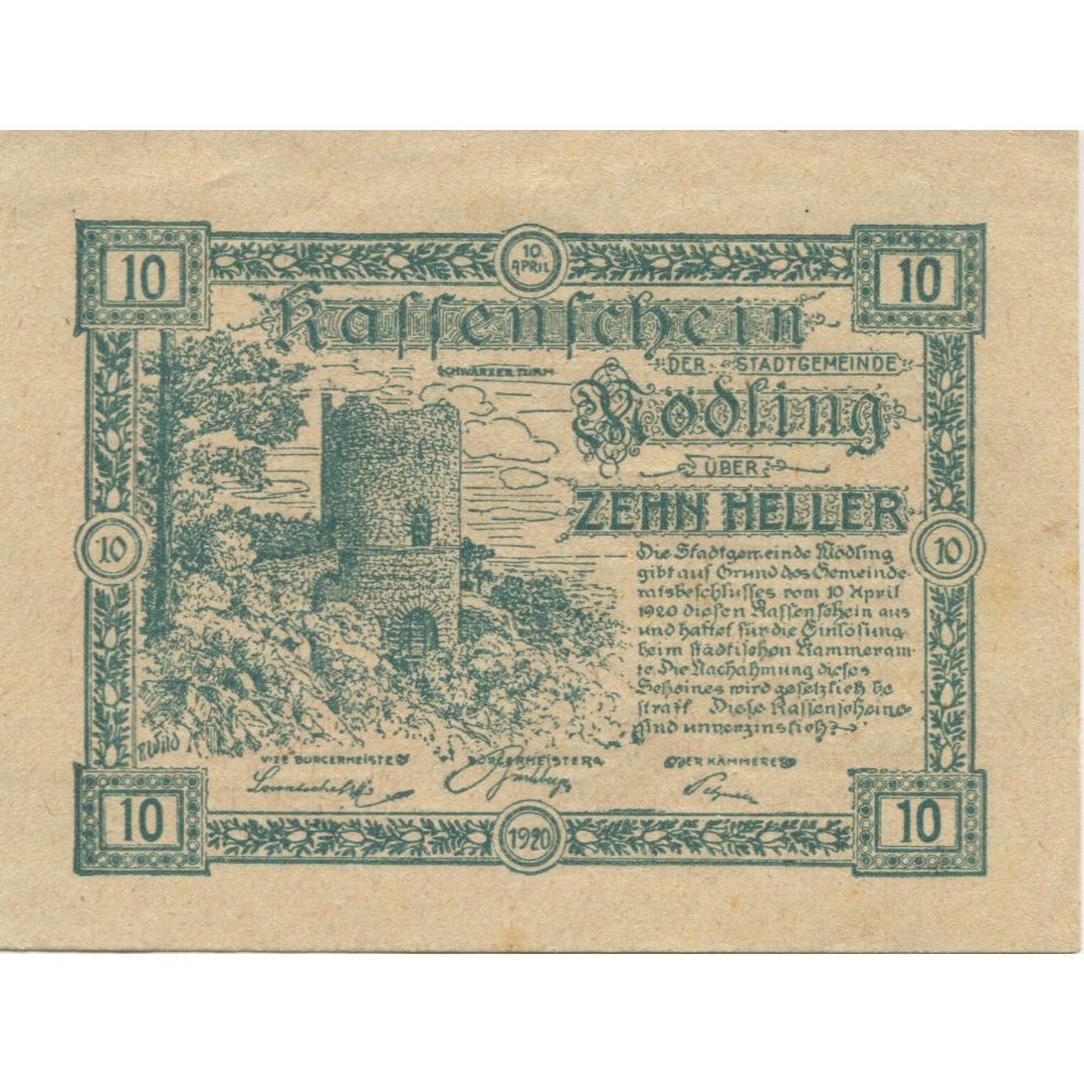Billete, Austria, Mödling, 10 Heller, château 1920-08-31, SC Mehl:FS 623.07