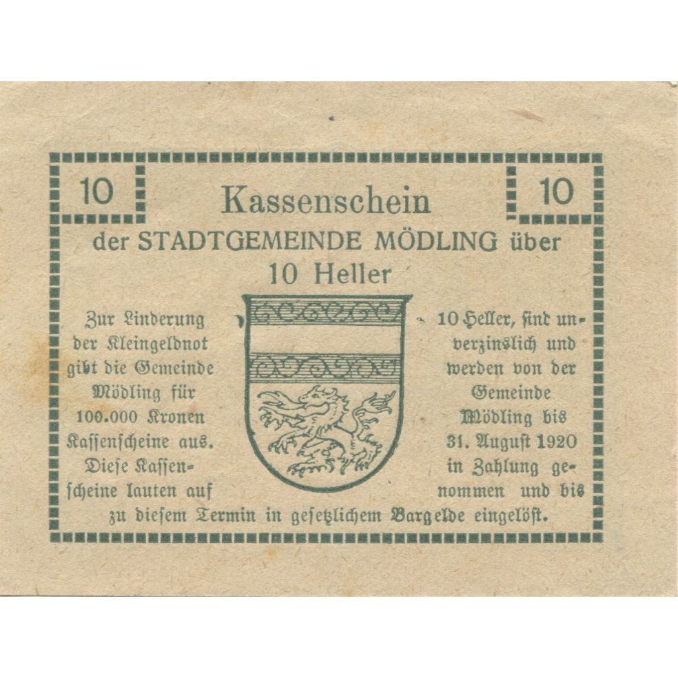 Billete, Austria, Mödling, 10 Heller, château 1920-08-31, SC Mehl:FS 623.07