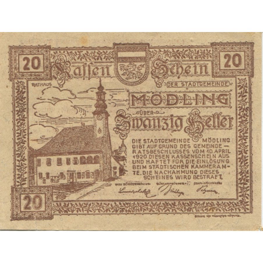 Billete, Austria, Mödling, 20 Heller, Eglise 1920-08-31, SC Mehl:FS 623.07