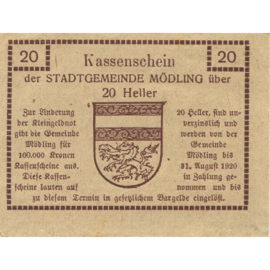 Billete, Austria, Mödling, 20 Heller, Eglise 1920-08-31, SC Mehl:FS 623.07