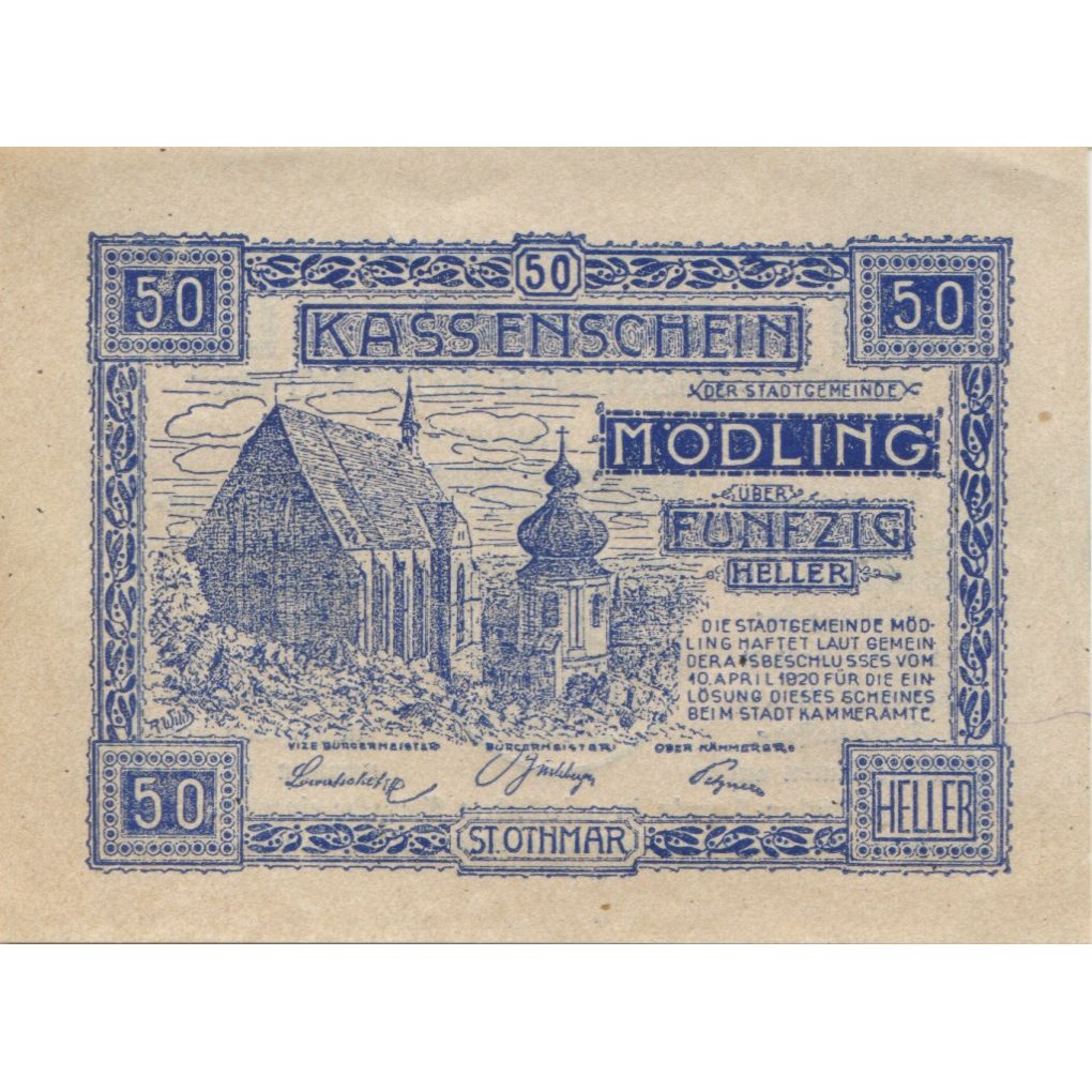 Billete, Austria, Mödling, 50 Heller, Eglise, 1920, SC, Mehl:FS 623.07