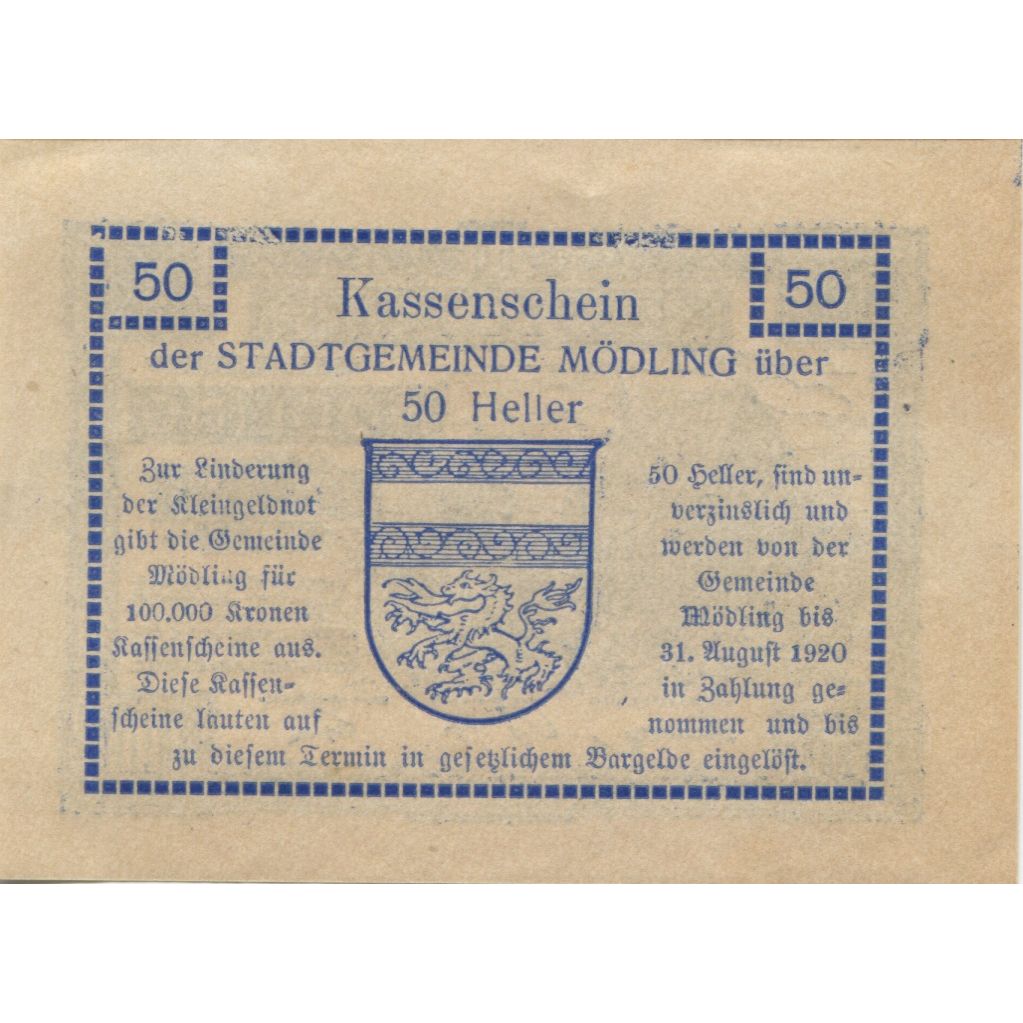 Billete, Austria, Mödling, 50 Heller, Eglise, 1920, SC, Mehl:FS 623.07