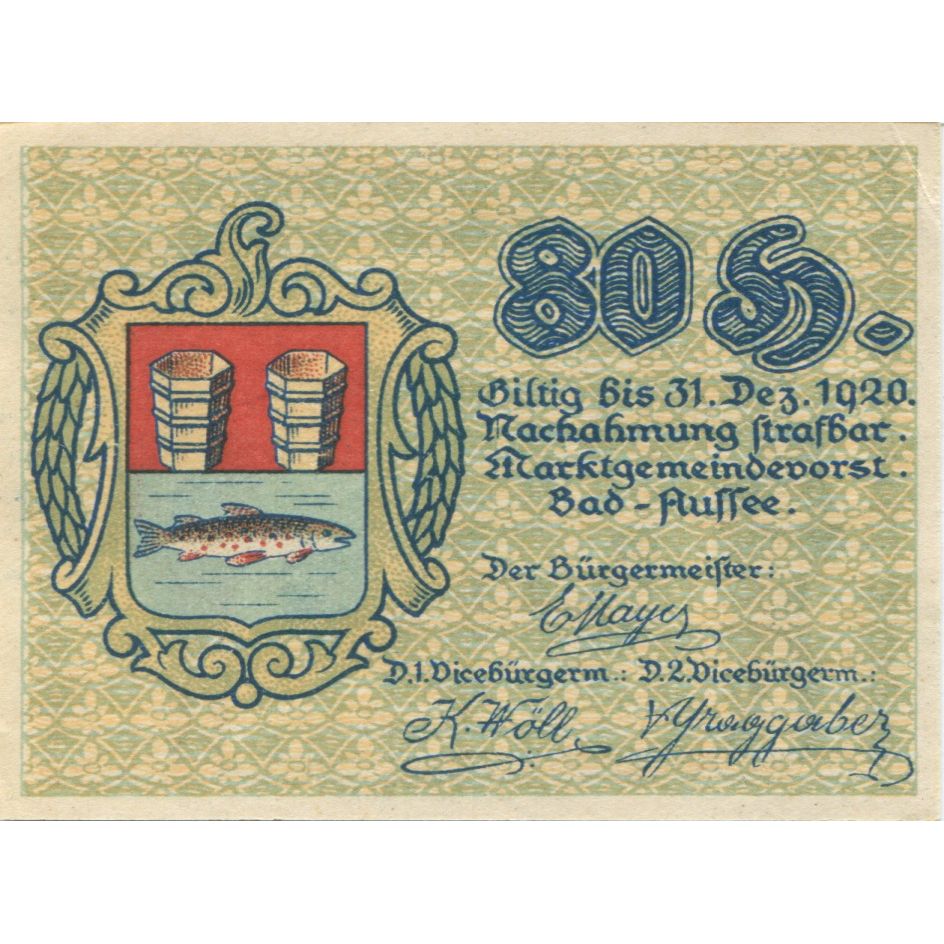 Billete, Austria, Bad Aussee, 80 Heller, Blason 1920-12-31, SC, Mehl:FS 73